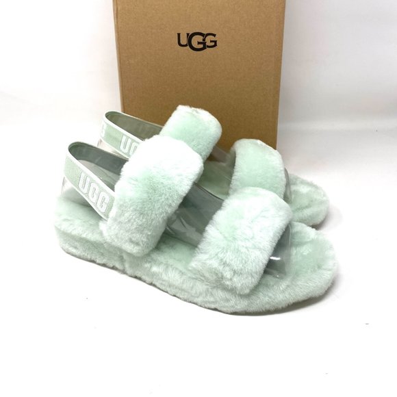 UGG Womens Size 8 1107953 RMN OH YEAH Pale Green Sheepskin Slides Slipper Sandal - Picture 6 of 10